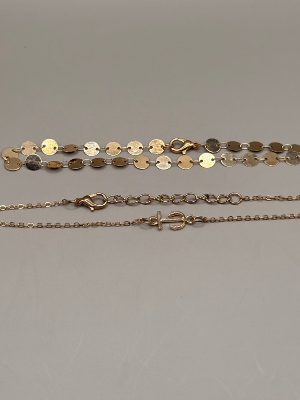 Set of 2 Gold Tone Anklets Disc Chain Anchor Charm